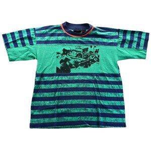 Peter B Beach Patrol Mens T-Shirt Small Retro Green Striped Graphic Tee